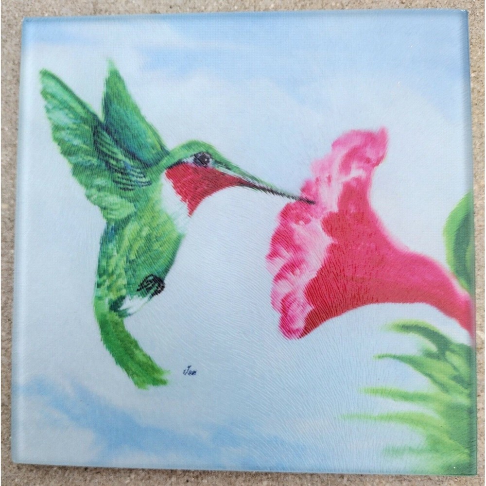 Hummingbird Trivet Glass Meadow Fine Art Hand Printed Santa Fe NM 6" X 6"  A1